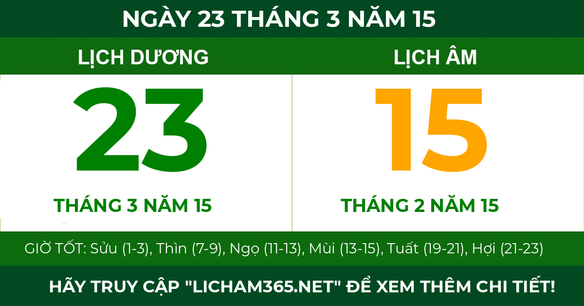 lịch âm ngày 23 tháng 3 năm 15