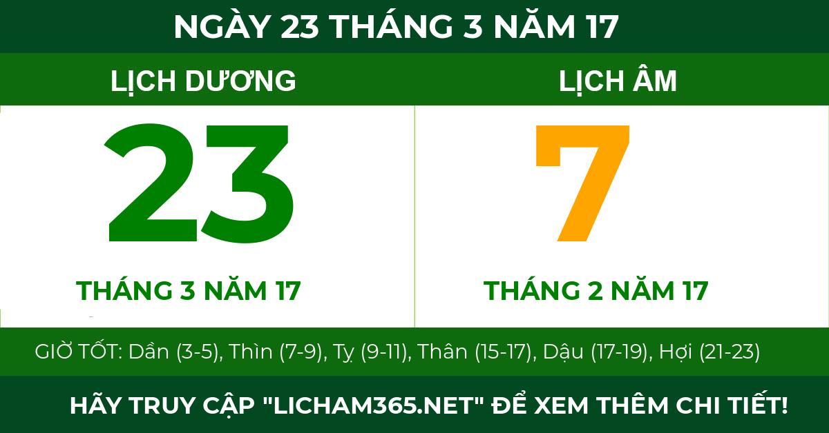 lịch âm ngày 23 tháng 3 năm 17