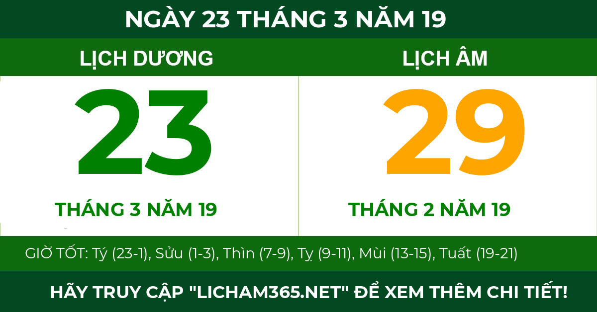 lịch âm ngày 23 tháng 3 năm 19