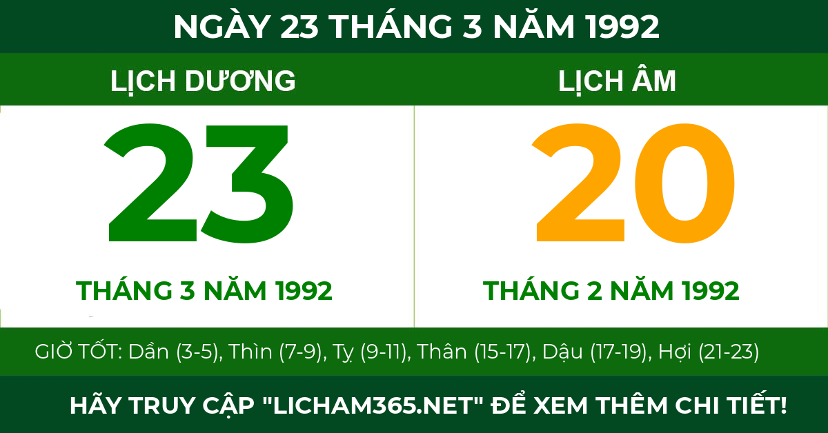 lịch âm ngày 23 tháng 3 năm 1992