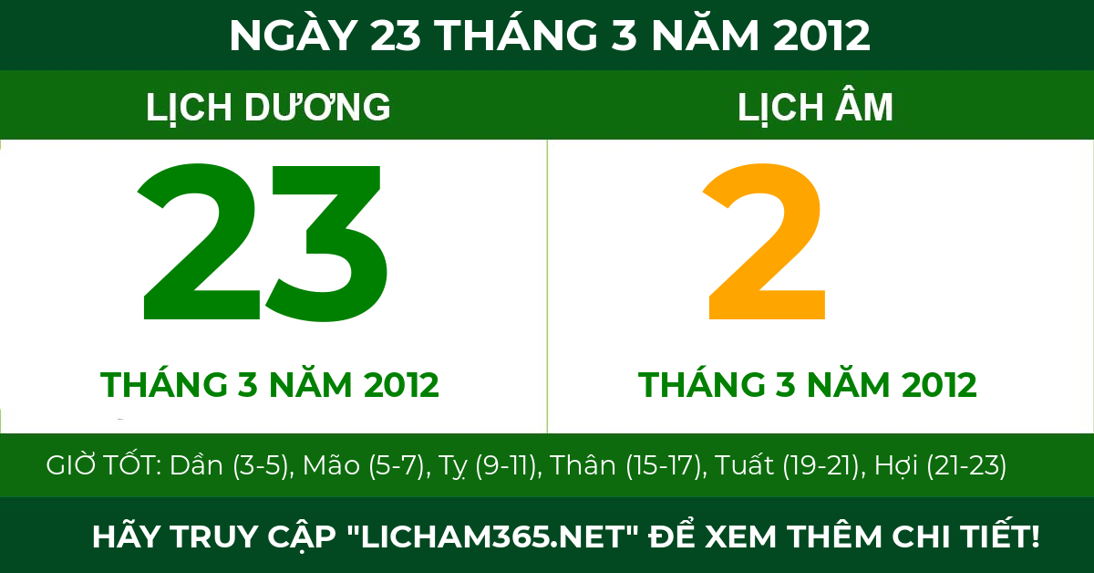 lịch âm ngày 23 tháng 3 năm 2012