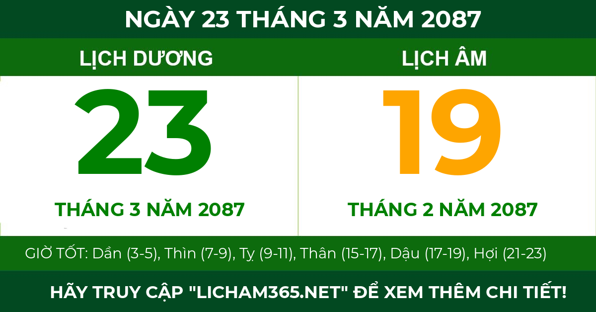 lịch âm ngày 23 tháng 3 năm 2087