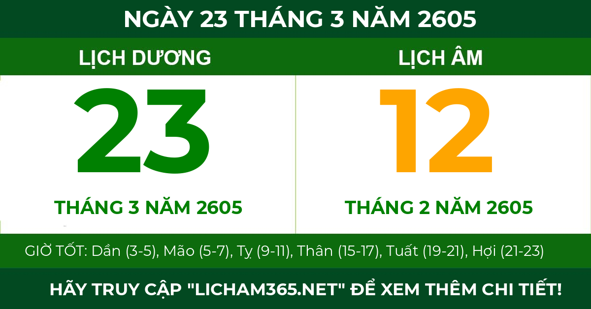lịch âm ngày 23 tháng 3 năm 2605
