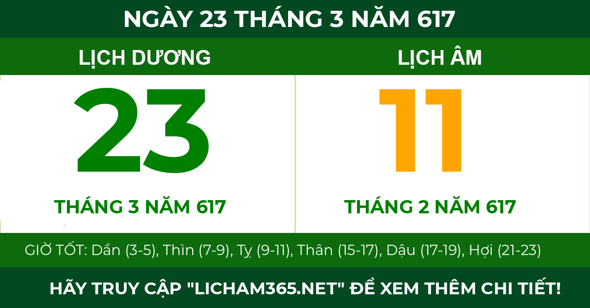 lịch âm ngày 23 tháng 3 năm 617