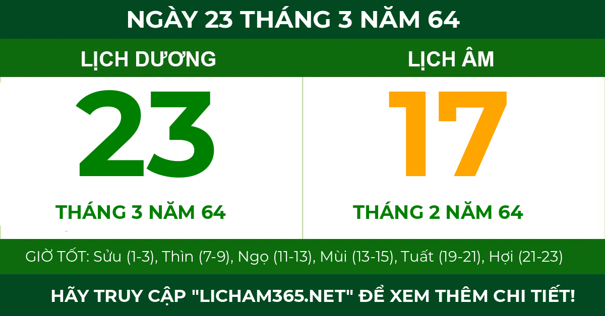lịch âm ngày 23 tháng 3 năm 64