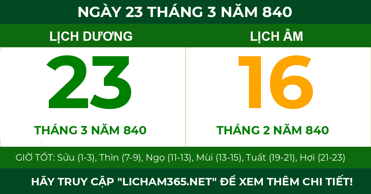 lịch âm ngày 23 tháng 3 năm 840