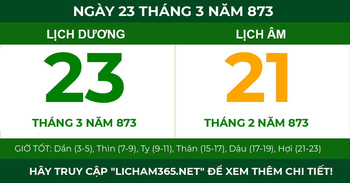 lịch âm ngày 23 tháng 3 năm 873