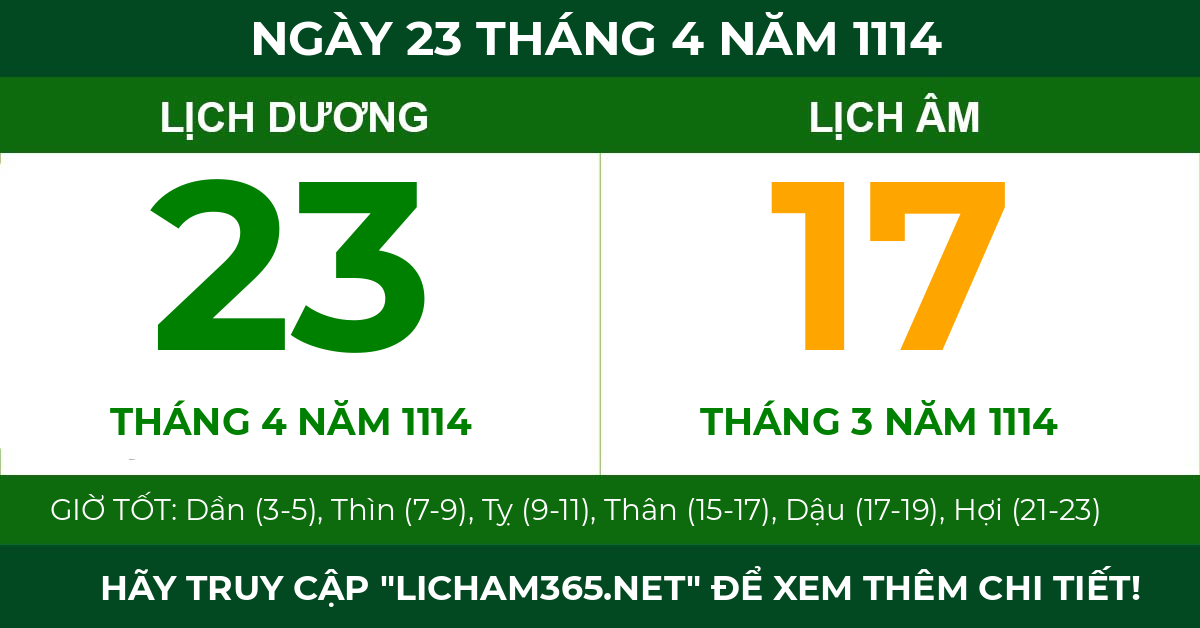 lịch âm ngày 23 tháng 4 năm 1114