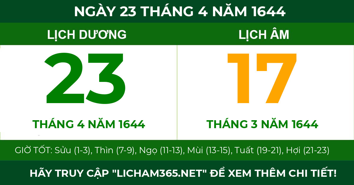 lịch âm ngày 23 tháng 4 năm 1644