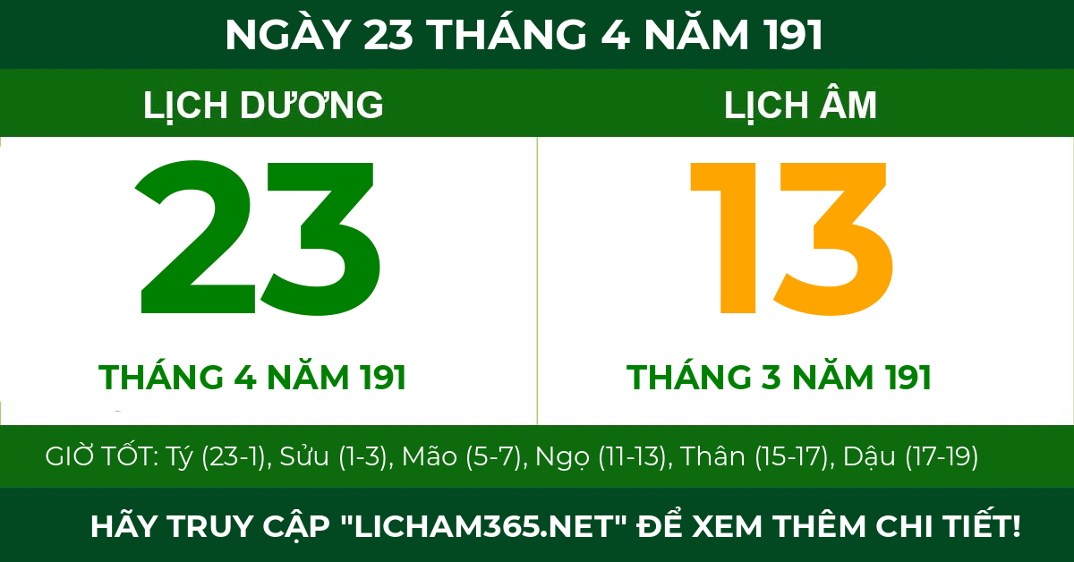 lịch âm ngày 23 tháng 4 năm 191