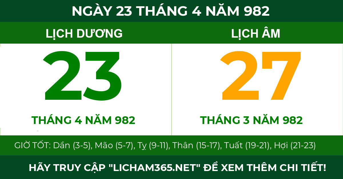 lịch âm ngày 23 tháng 4 năm 982