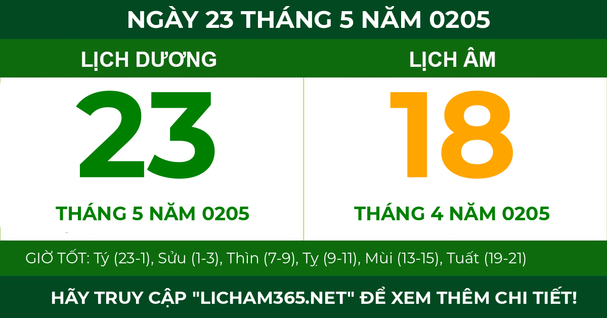 lịch âm ngày 23 tháng 5 năm 0205