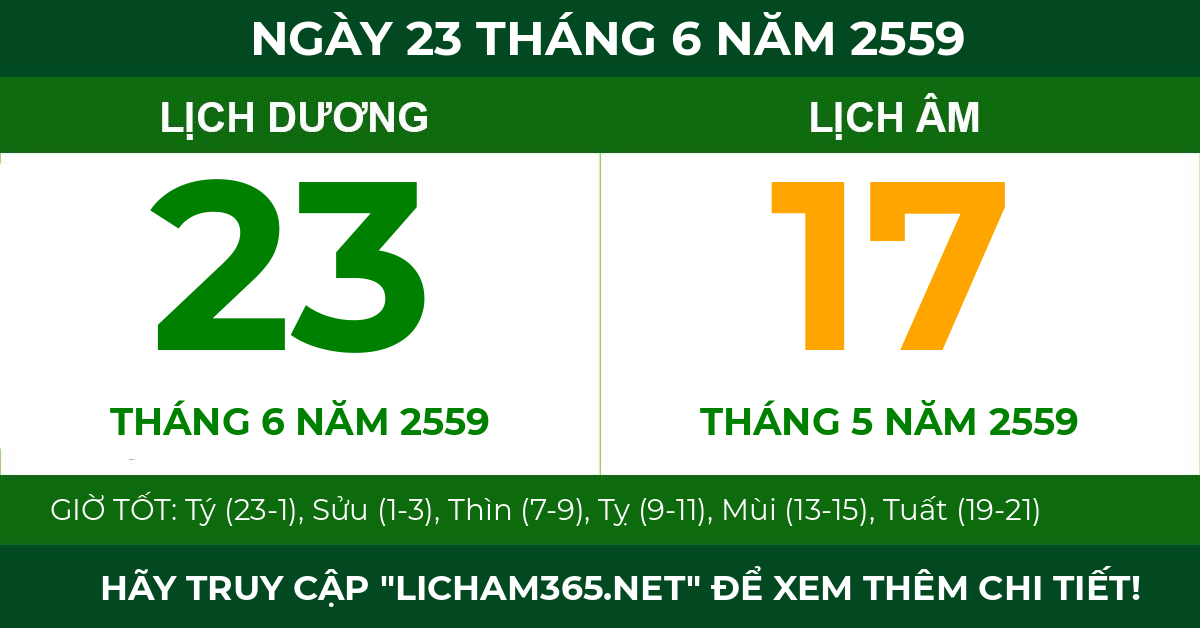 lịch âm ngày 23 tháng 6 năm 2559