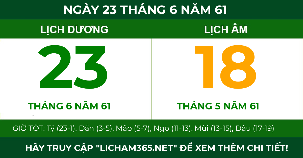 lịch âm ngày 23 tháng 6 năm 61