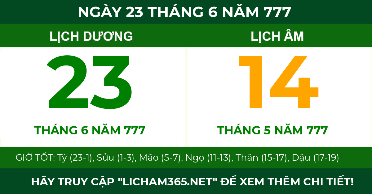lịch âm ngày 23 tháng 6 năm 777
