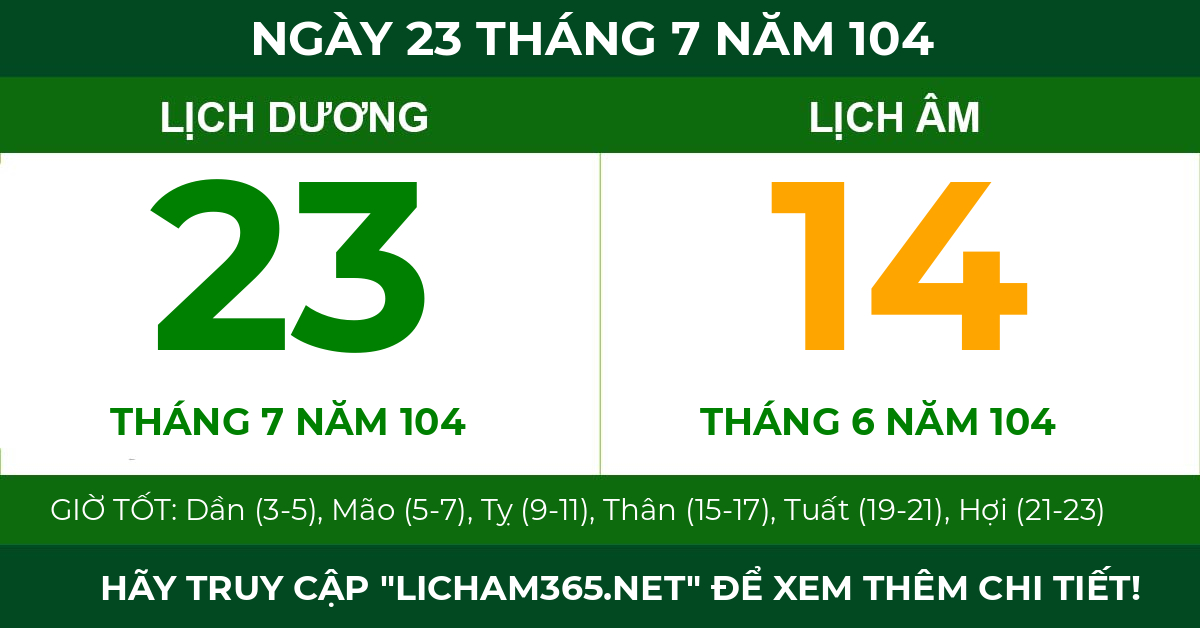 lịch âm ngày 23 tháng 7 năm 104
