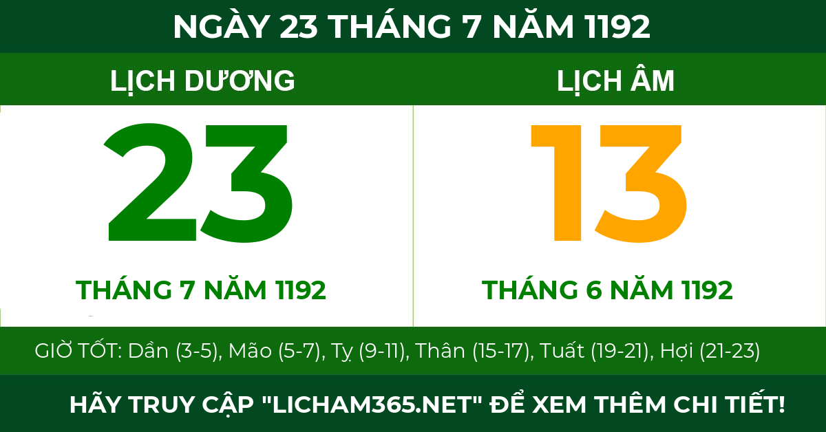 lịch âm ngày 23 tháng 7 năm 1192