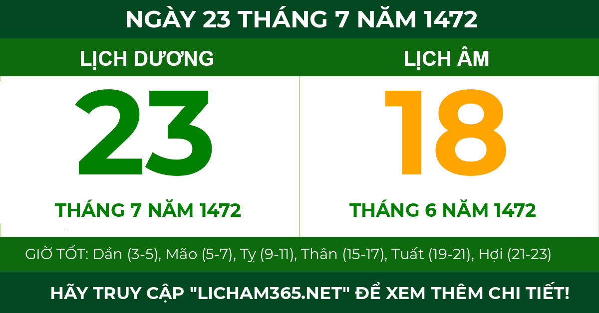 lịch âm ngày 23 tháng 7 năm 1472