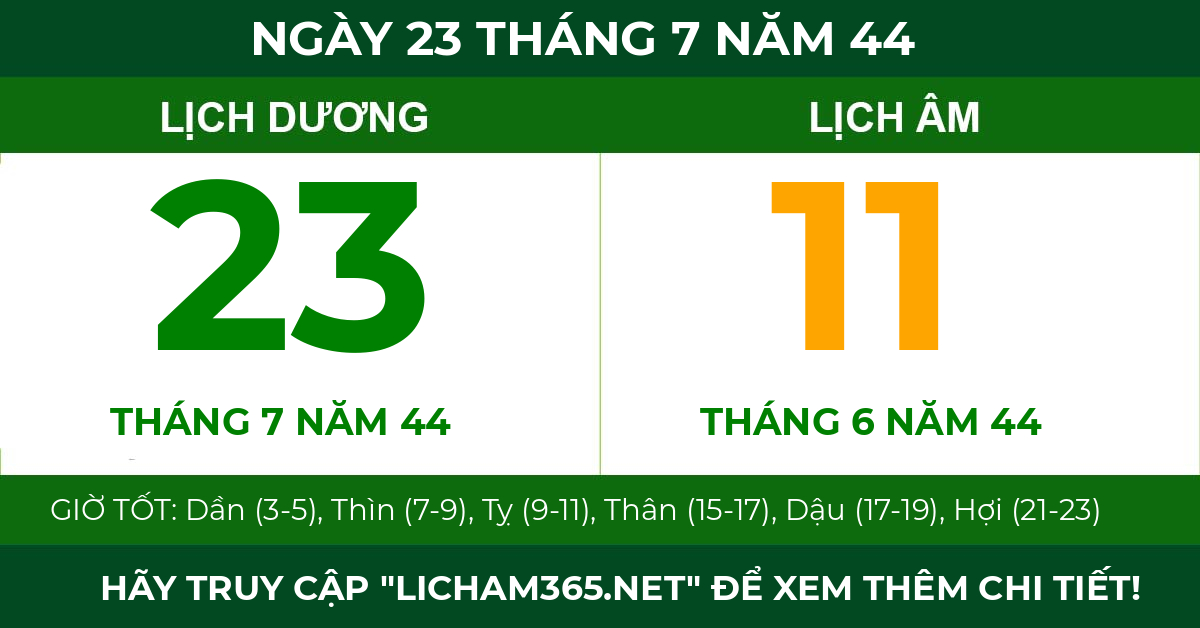 lịch âm ngày 23 tháng 7 năm 44