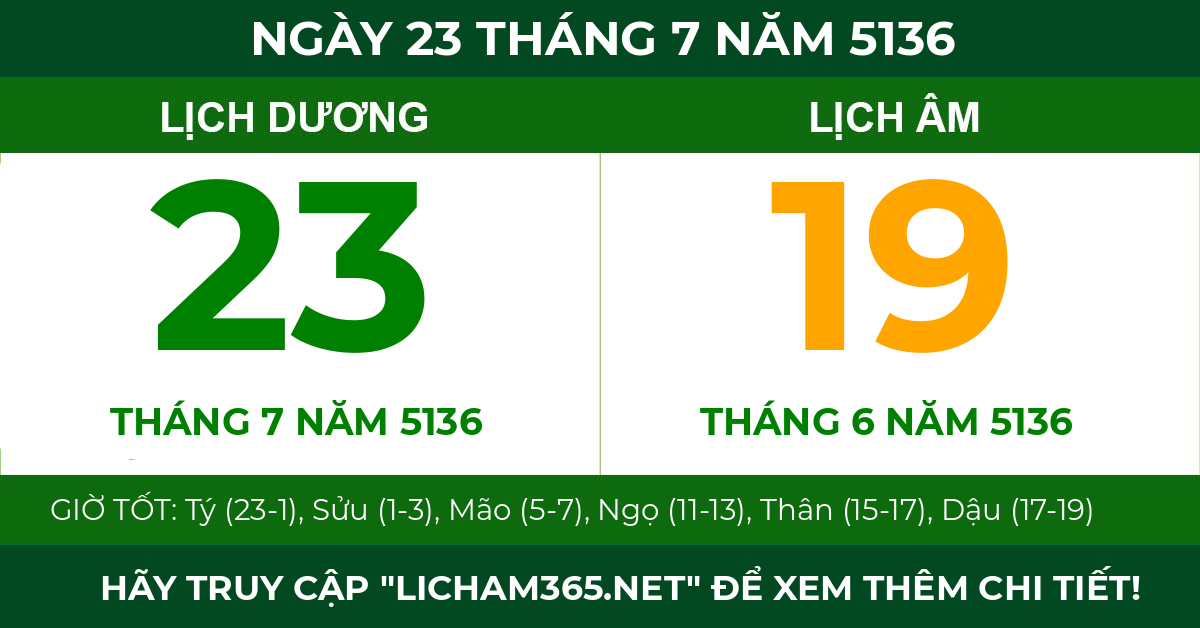 lịch âm ngày 23 tháng 7 năm 5136