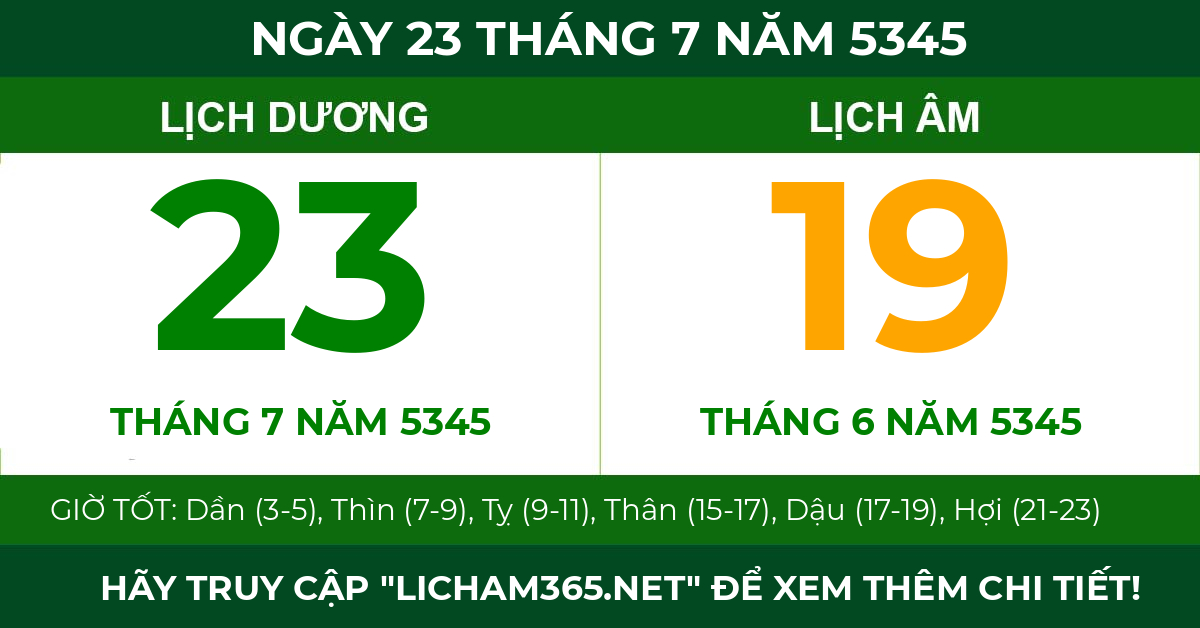 lịch âm ngày 23 tháng 7 năm 5345