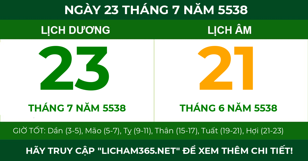 lịch âm ngày 23 tháng 7 năm 5538