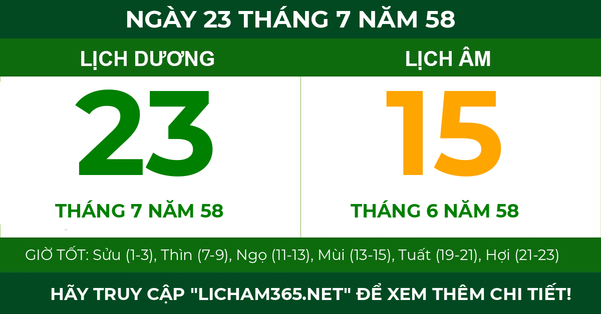 lịch âm ngày 23 tháng 7 năm 58