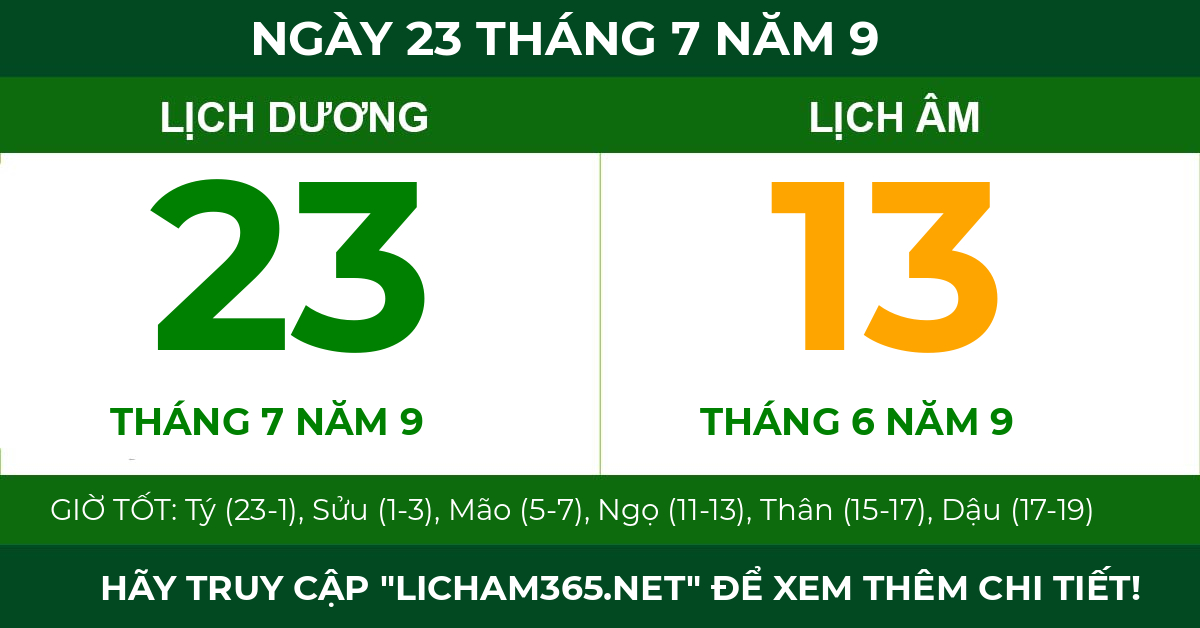 lịch âm ngày 23 tháng 7 năm 9