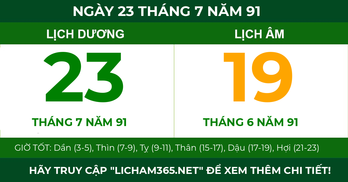 lịch âm ngày 23 tháng 7 năm 91