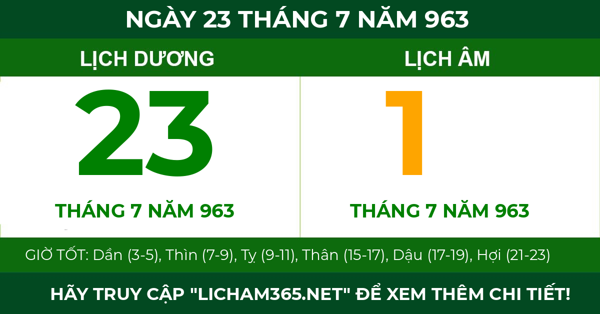 lịch âm ngày 23 tháng 7 năm 963