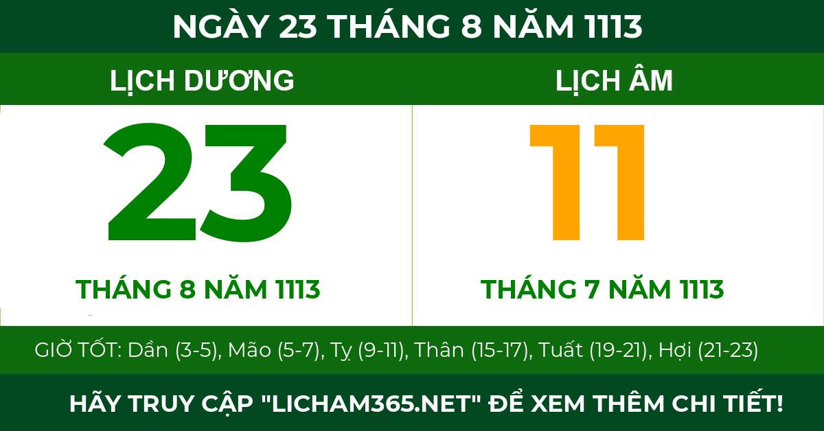 lịch âm ngày 23 tháng 8 năm 1113
