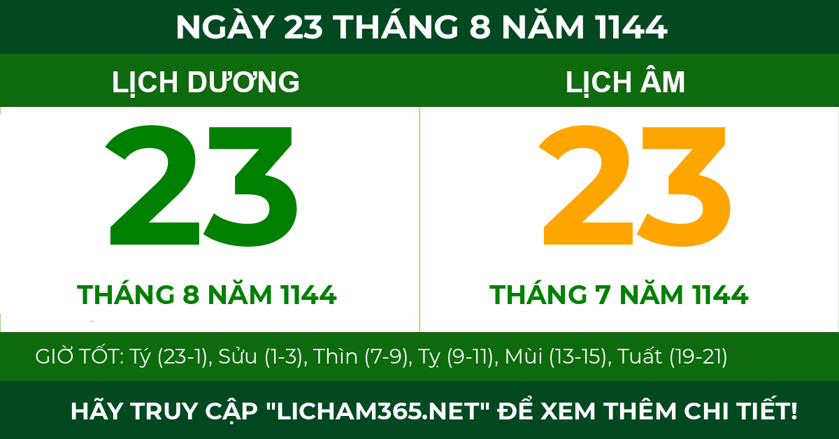 lịch âm ngày 23 tháng 8 năm 1144