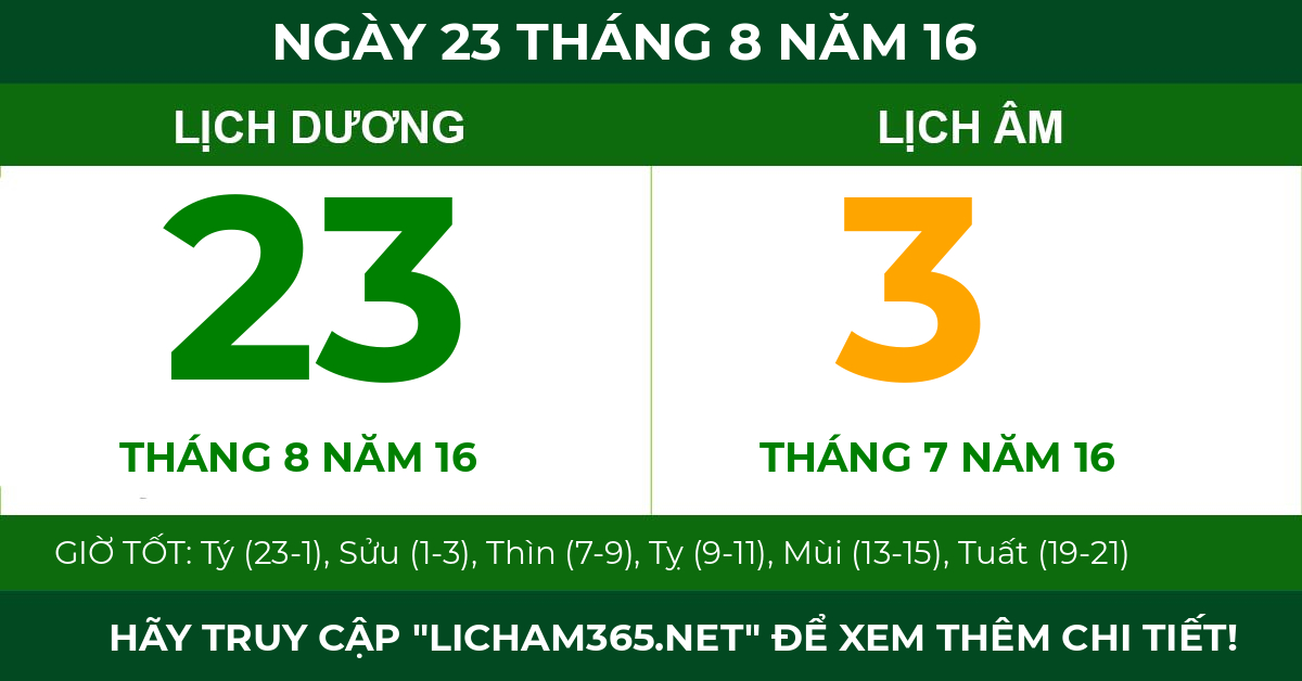 lịch âm ngày 23 tháng 8 năm 16