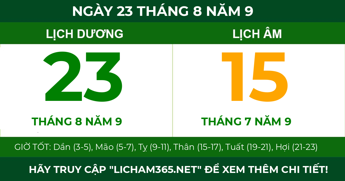 lịch âm ngày 23 tháng 8 năm 9