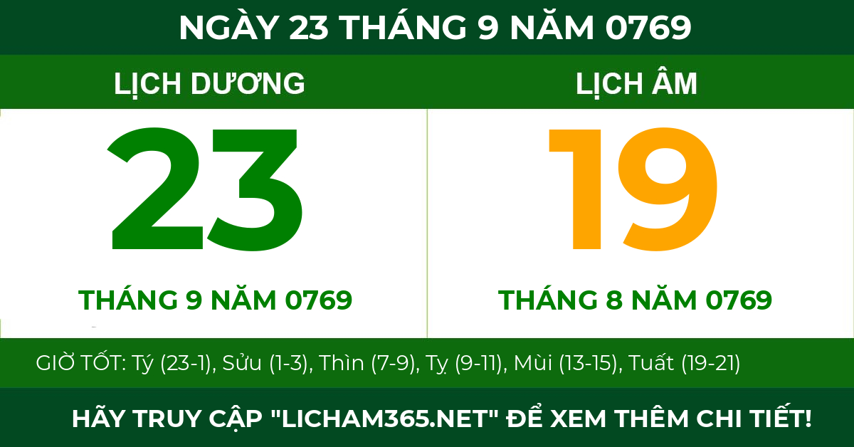 lịch âm ngày 23 tháng 9 năm 0769