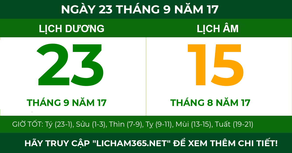 lịch âm ngày 23 tháng 9 năm 17