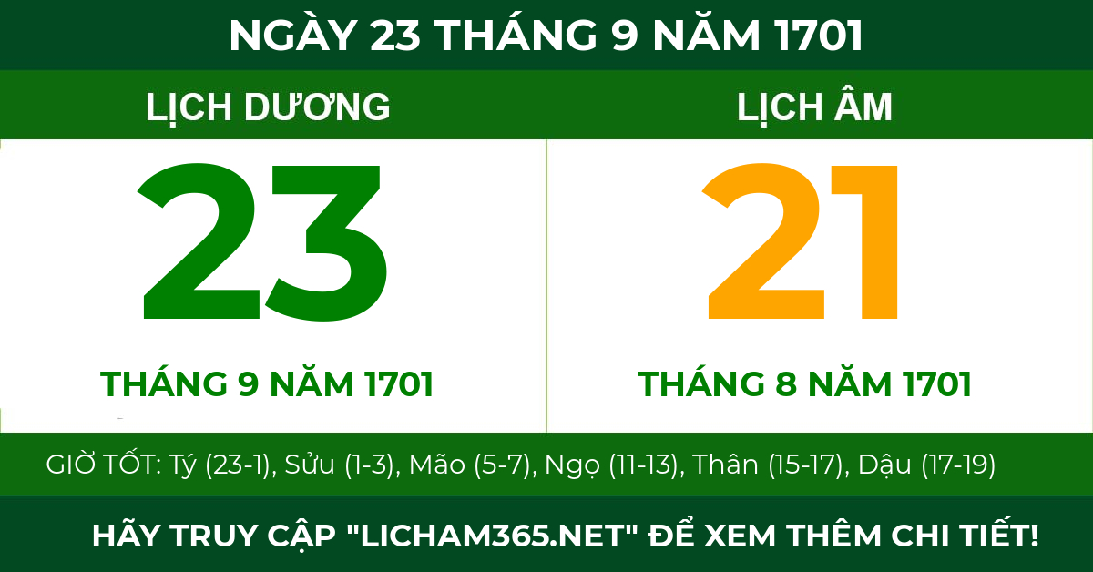 lịch âm ngày 23 tháng 9 năm 1701