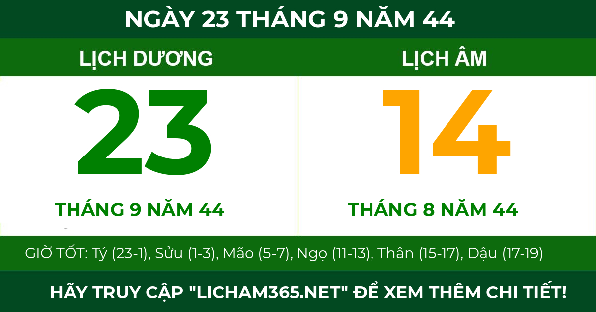 lịch âm ngày 23 tháng 9 năm 44