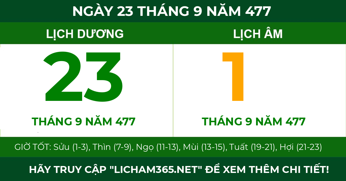 lịch âm ngày 23 tháng 9 năm 477