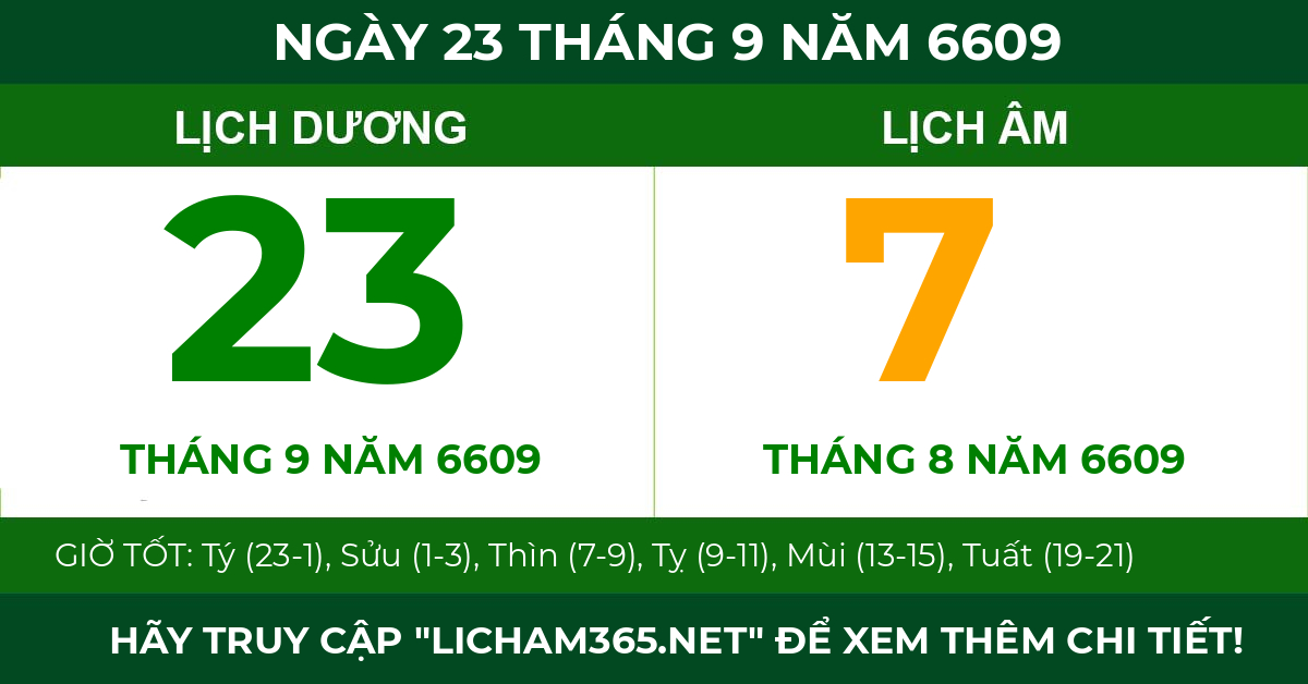 lịch âm ngày 23 tháng 9 năm 6609