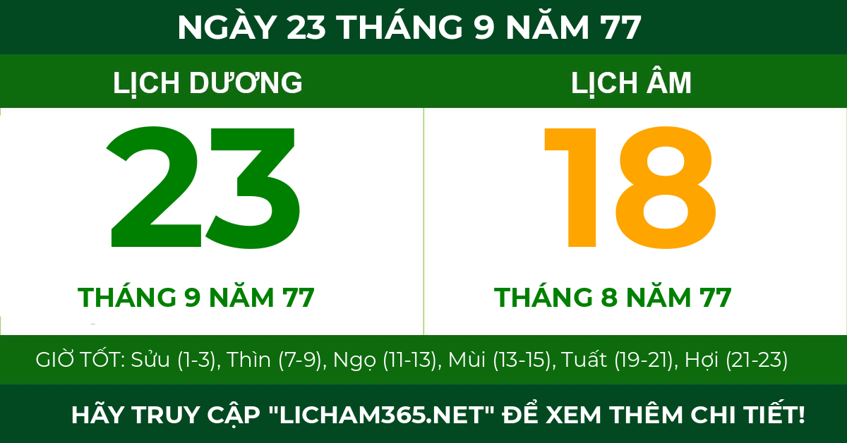 lịch âm ngày 23 tháng 9 năm 77