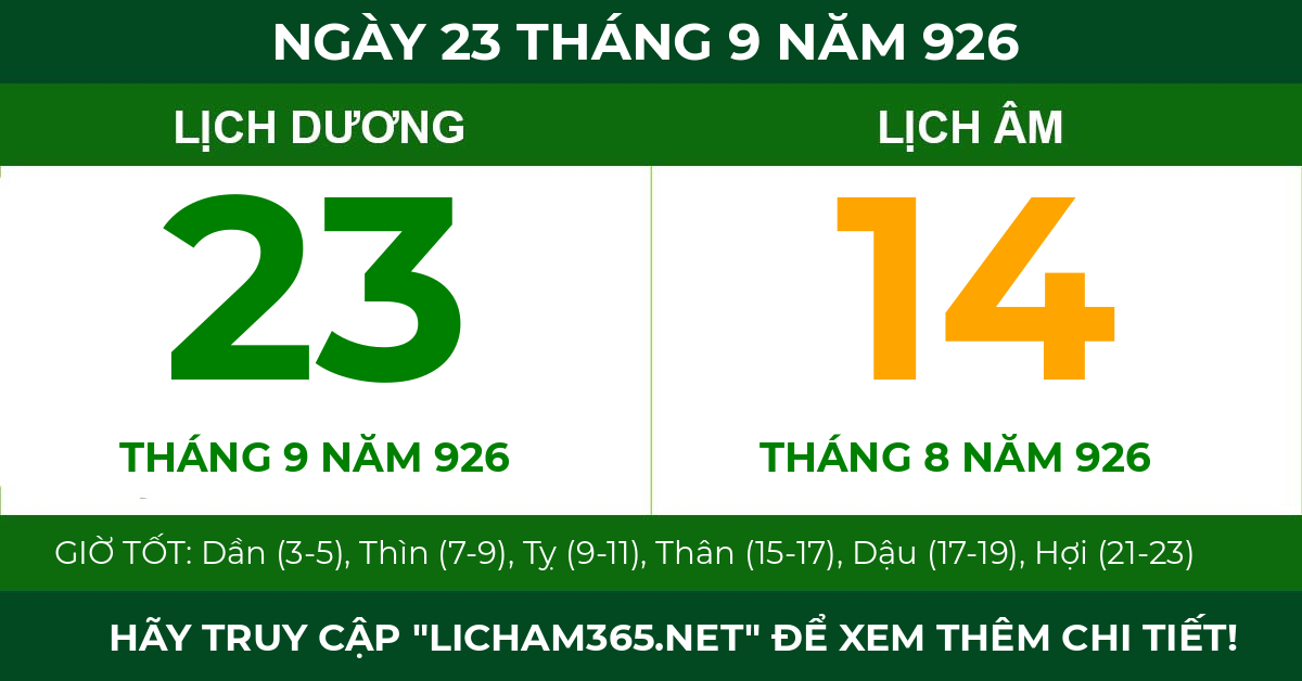 lịch âm ngày 23 tháng 9 năm 926