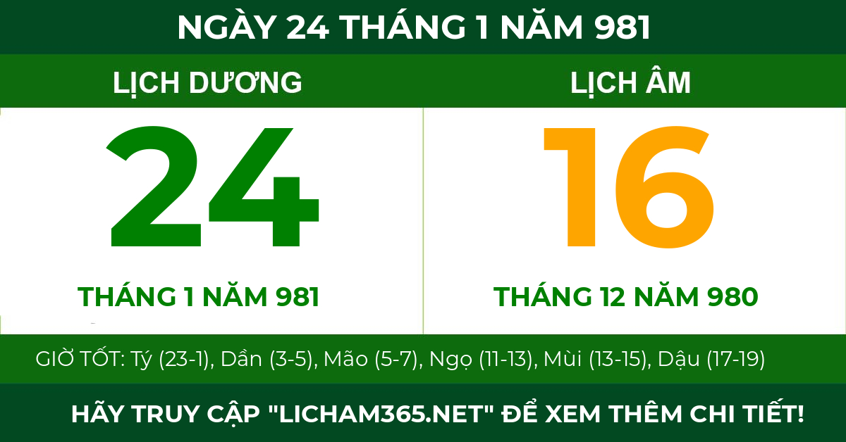 lịch âm ngày 24 tháng 1 năm 981