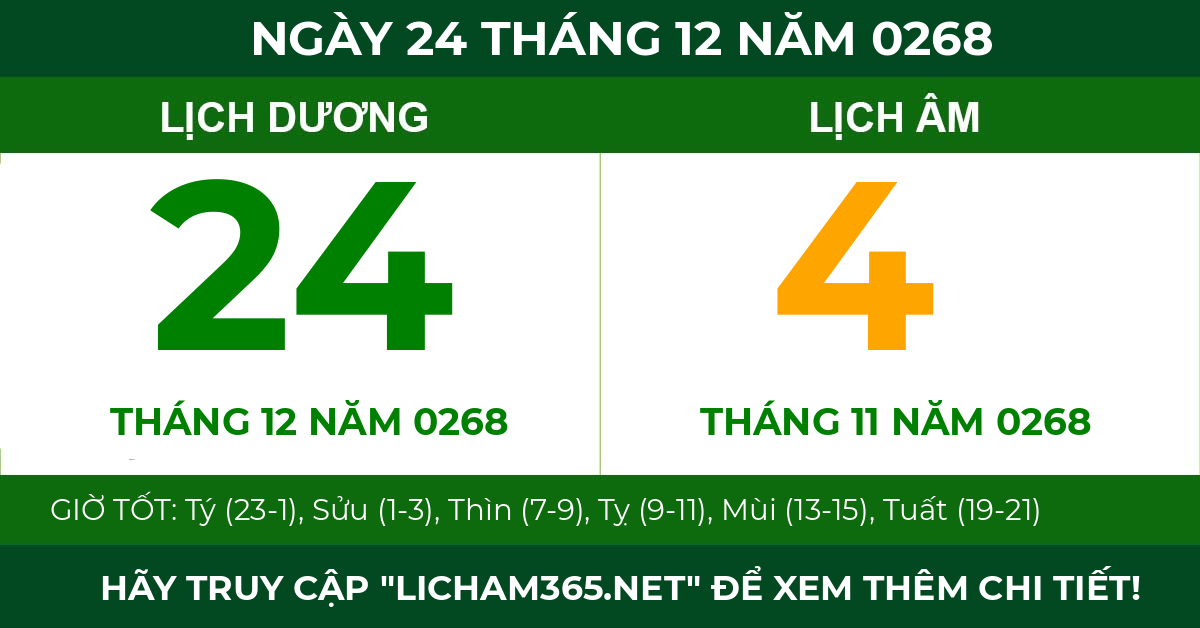 lịch âm ngày 24 tháng 12 năm 0268