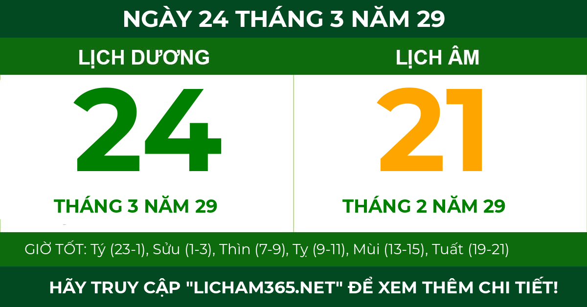 lịch âm ngày 24 tháng 3 năm 29