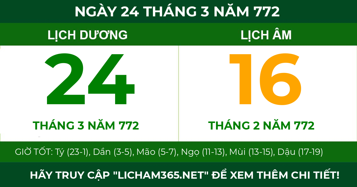 lịch âm ngày 24 tháng 3 năm 772