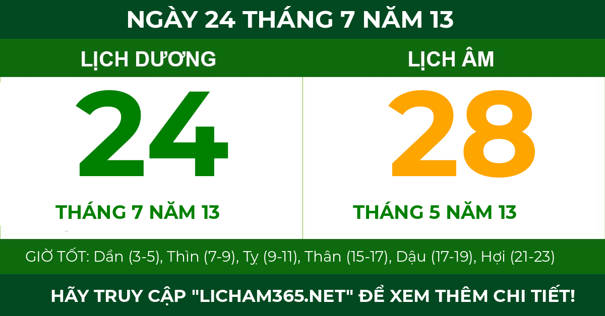 lịch âm ngày 24 tháng 7 năm 13