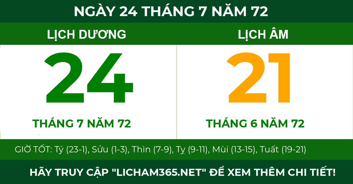 lịch âm ngày 24 tháng 7 năm 72
