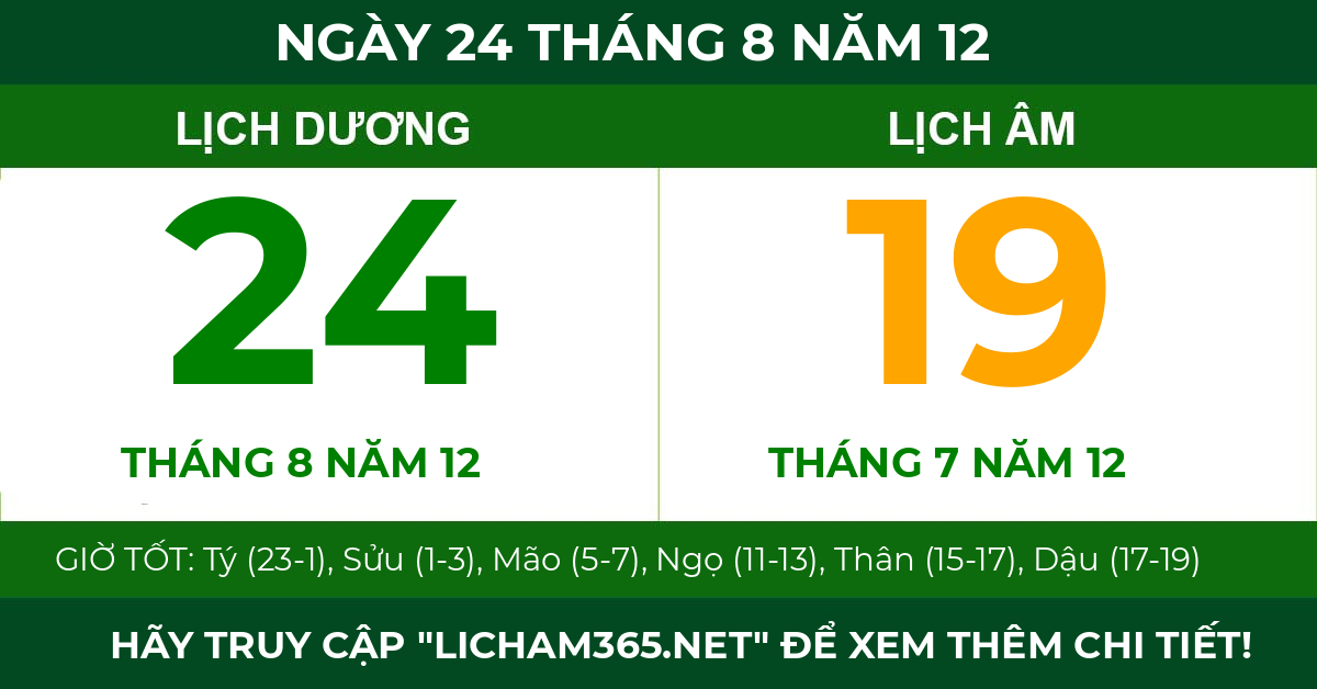 lịch âm ngày 24 tháng 8 năm 12
