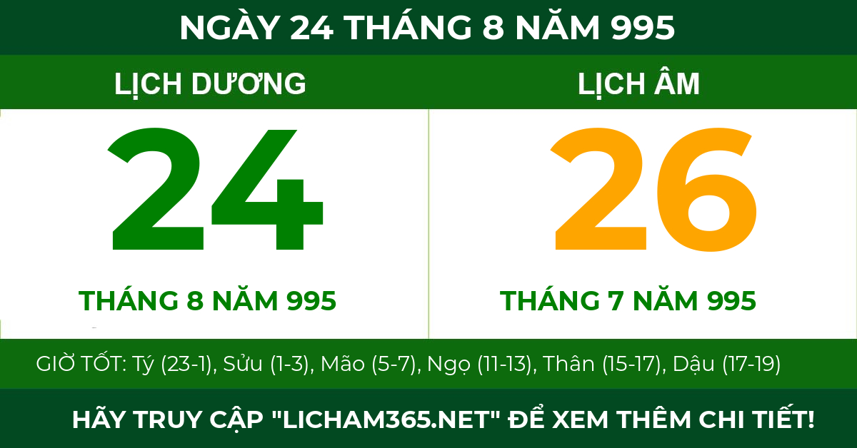 lịch âm ngày 24 tháng 8 năm 995